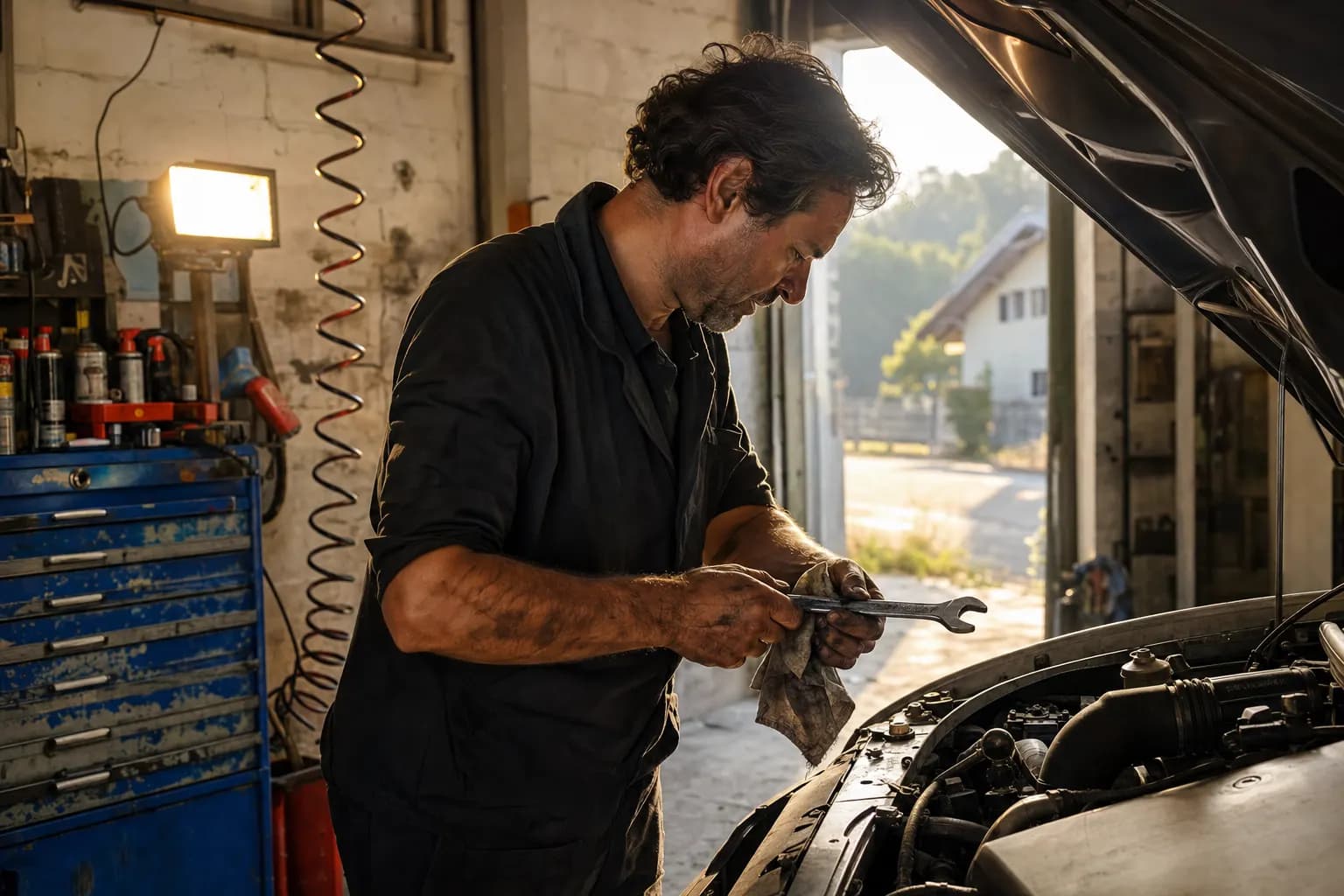 Mechaniker in der Werkstatt spricht einen Befund in sein Telefon, dahinter ein Auto auf der Hebebühne