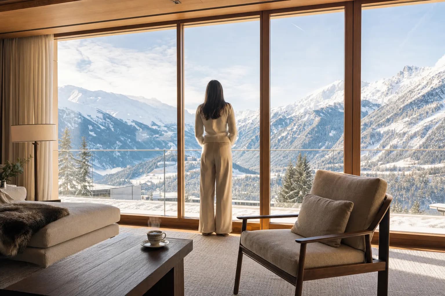 Lichtdurchflutete Hotel-Lounge mit Panoramafenstern und Blick auf verschneite Berge.