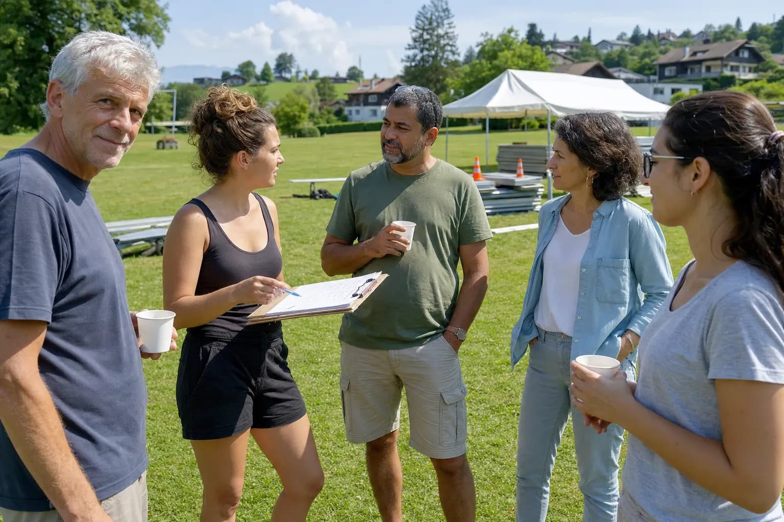 Freiwillige eines Schweizer Sportvereins stehen im Kreis auf einer Wiese und besprechen das Sommerfest.