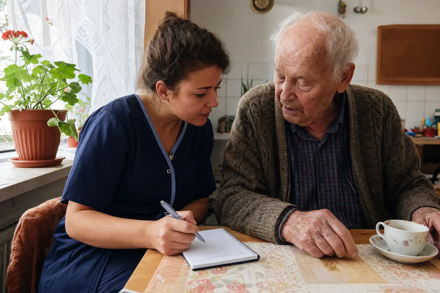 Lächelnde Pflegefachfrau sitzt neben einer älteren Bewohnerin im Aufenthaltsraum
